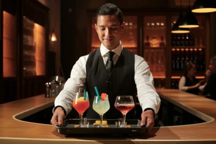 Sobrelier servant des verres de cocktail sur un plateau dans un bar