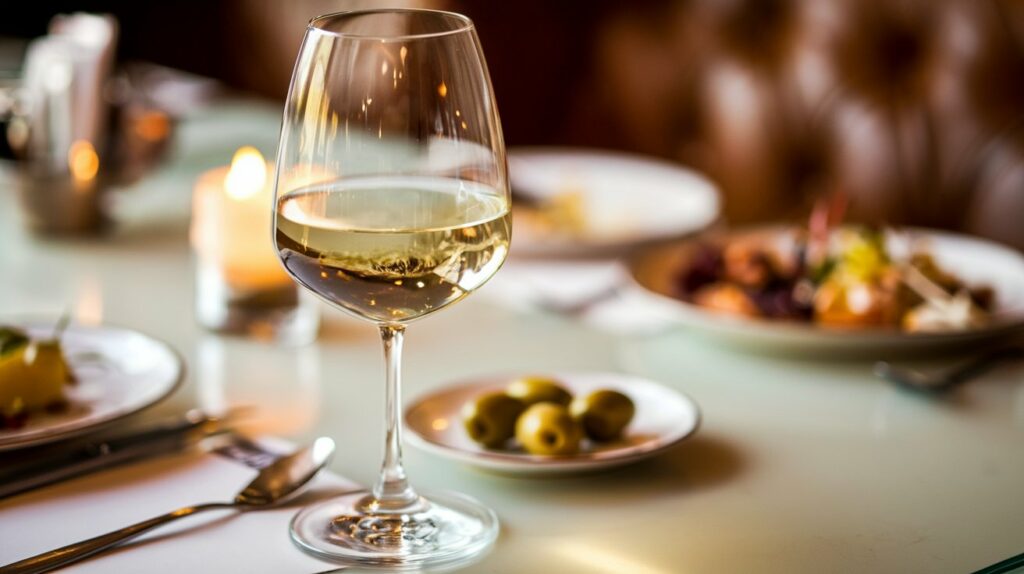 Verre de vin blanc sur une table de restaurant pendant une entrée